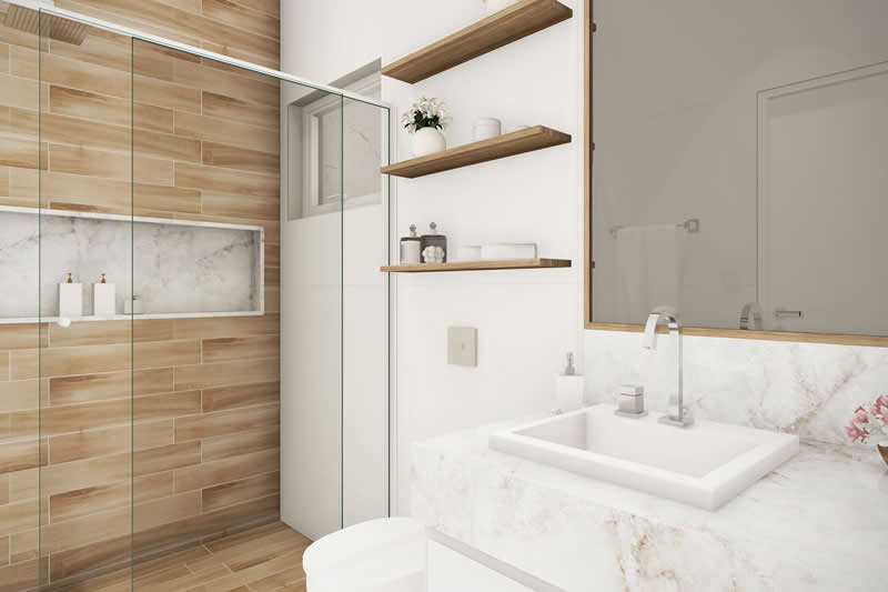 Banheiro com detalhes em madeira