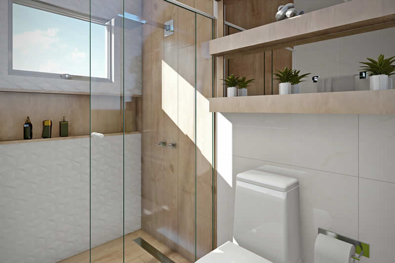 Banheiro neutro com madeira