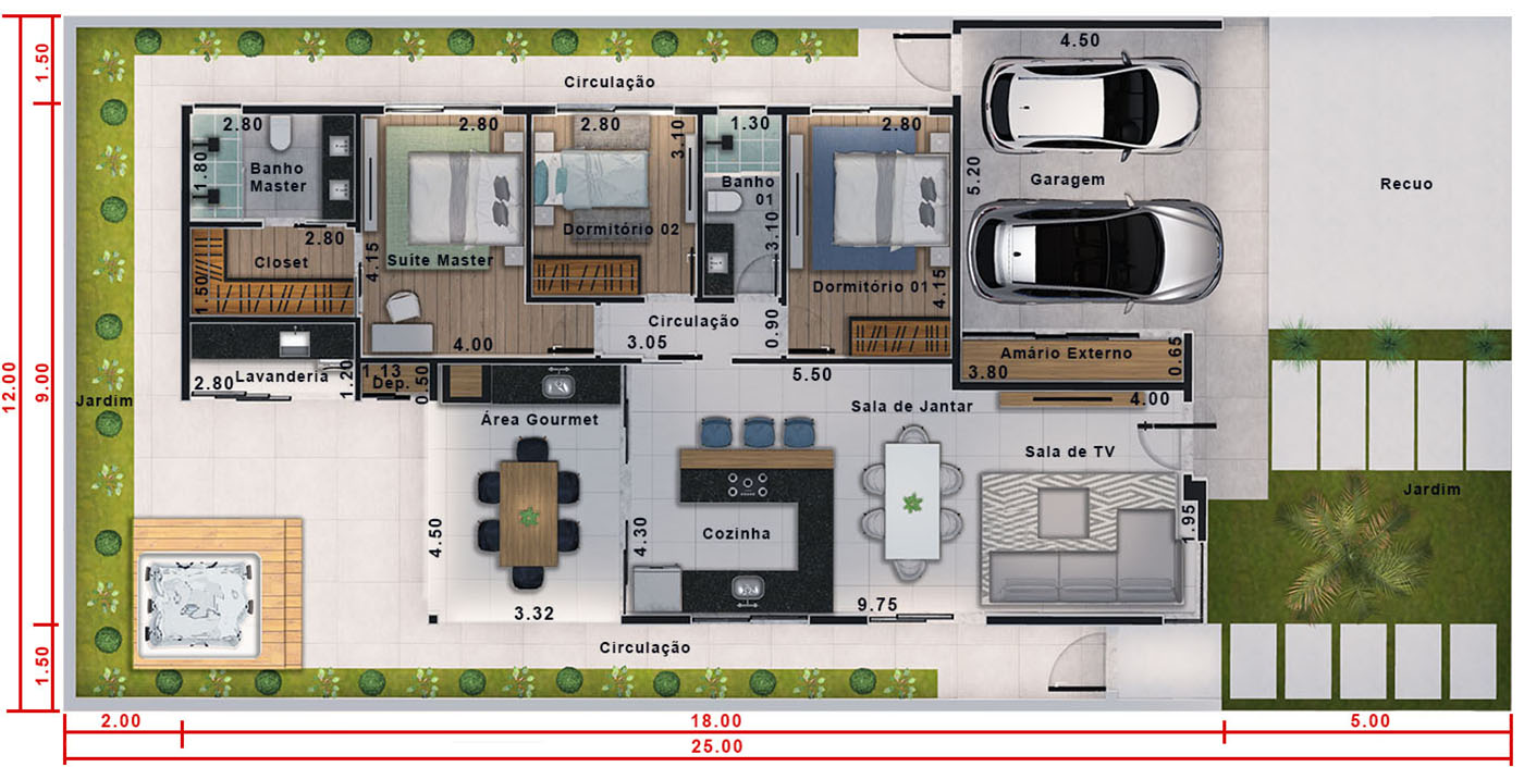 Planta de casa térrea com ofurô. Planta para terreno 12x25