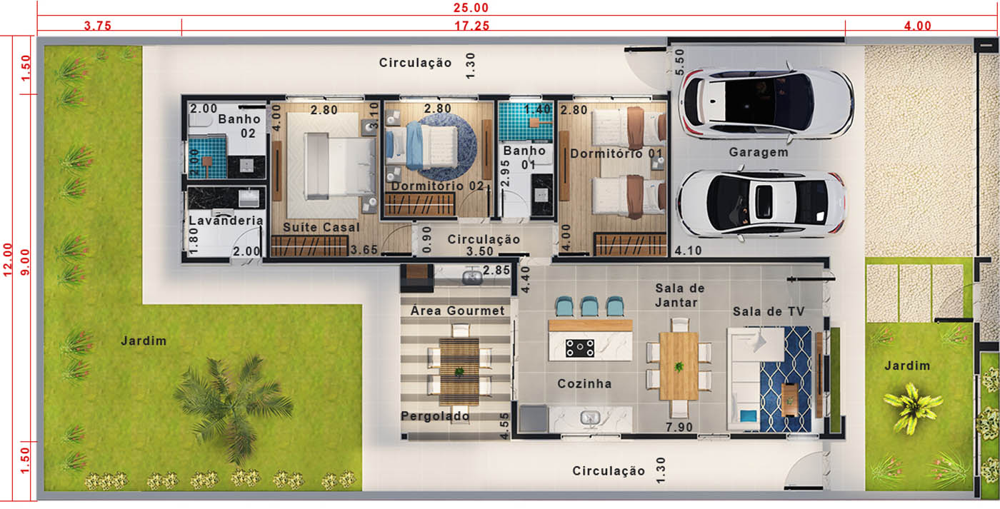 Casa térrea com quintal espaçoso . Planta para terreno 12x25
