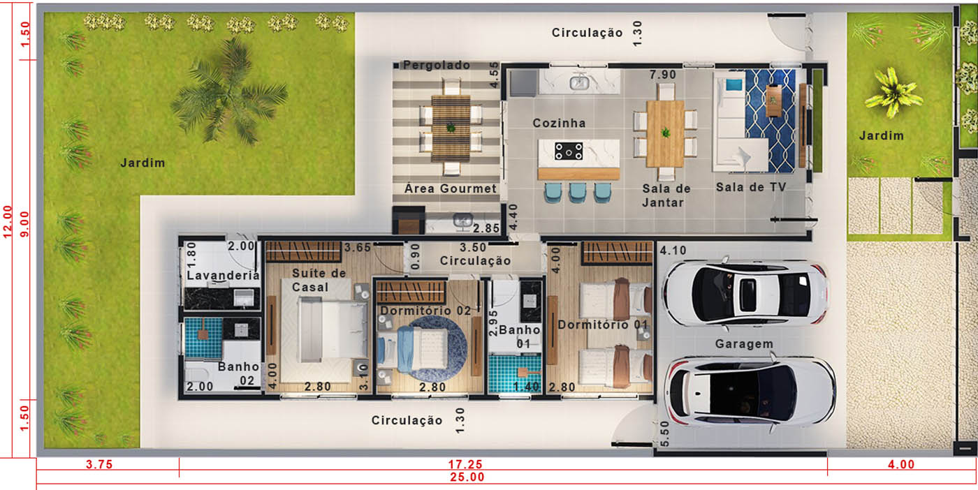 Casa térrea com quintal espaçoso . Planta para terreno 12x25