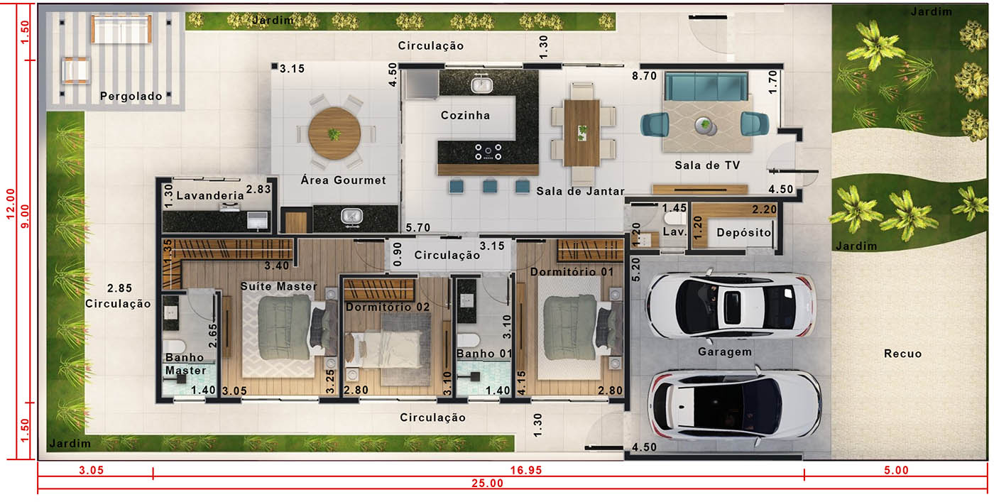 Projeto em condomínio sem piscina. Planta para terreno 12x25