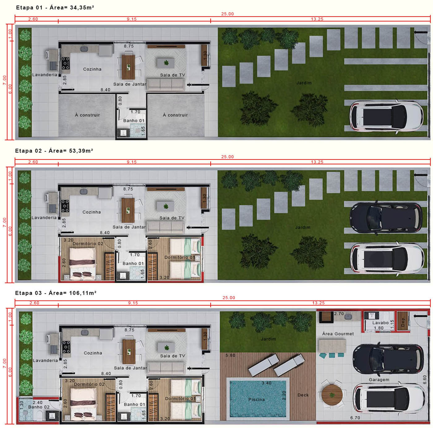 Planta Minha Casa Minha Vida área gourmet. Planta para terreno 7x25