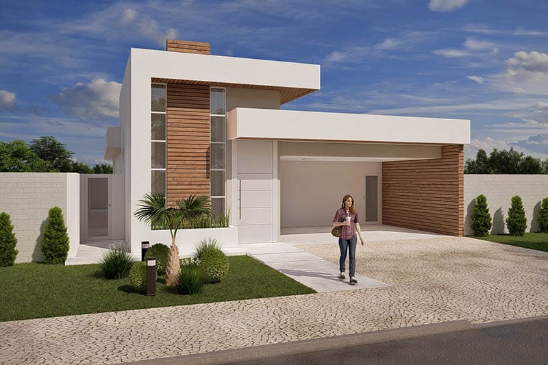 Casa térrea com madeira na fachada