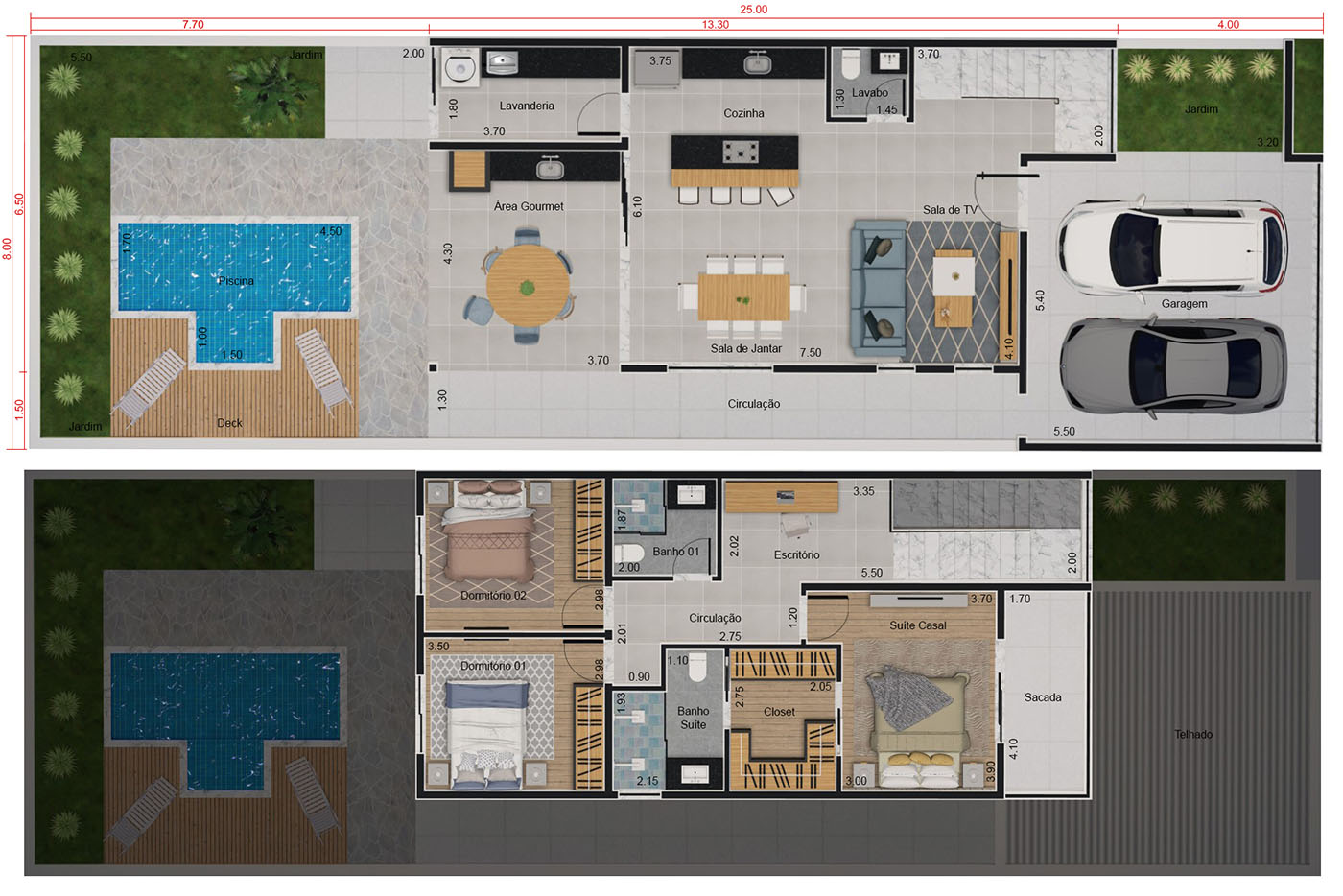Sobrado moderno em tons escuros. Planta para terreno 8x25
