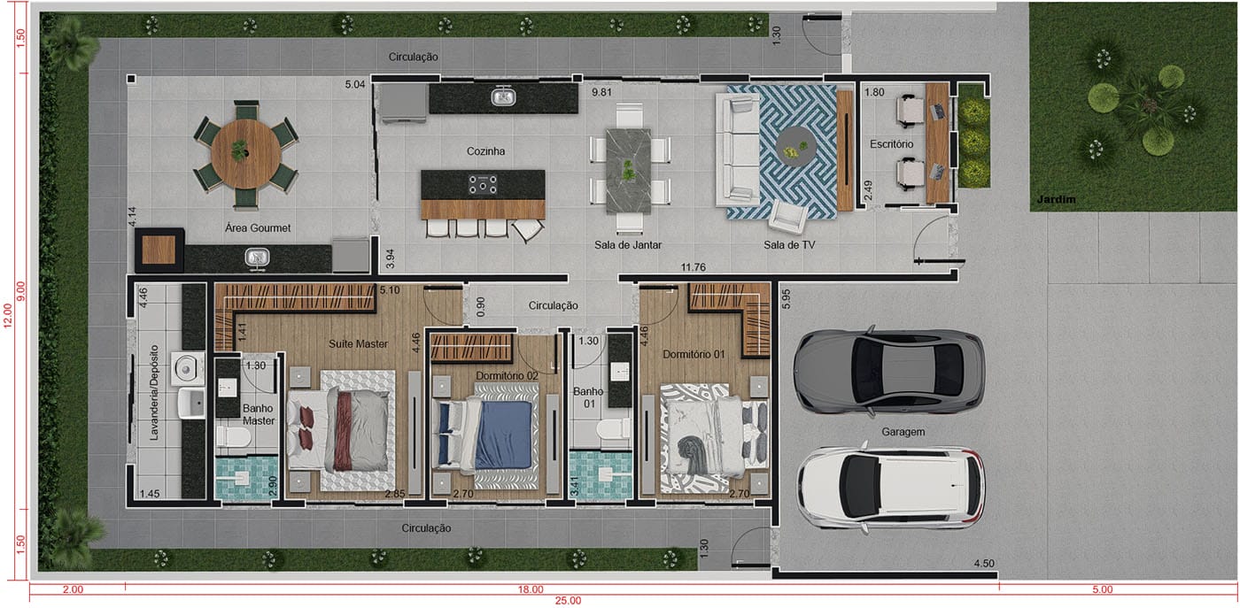 Casa térrea com tijolinho à vista. Planta para terreno 12x25
