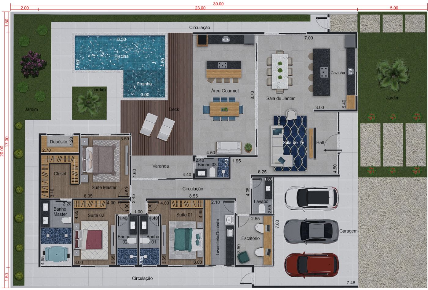 Planta de casa rústica com telhado aparente. Planta para terreno 20x30