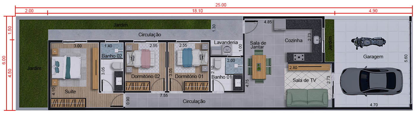 Projeto de 100m² com suíte . Planta para terreno 6x25