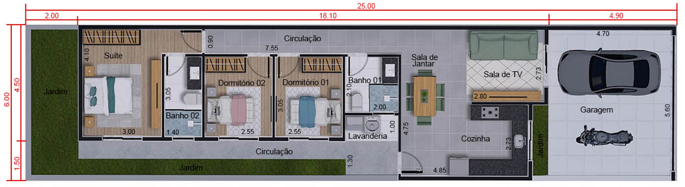 Projeto de 100m² com suíte . Planta para terreno 6x25